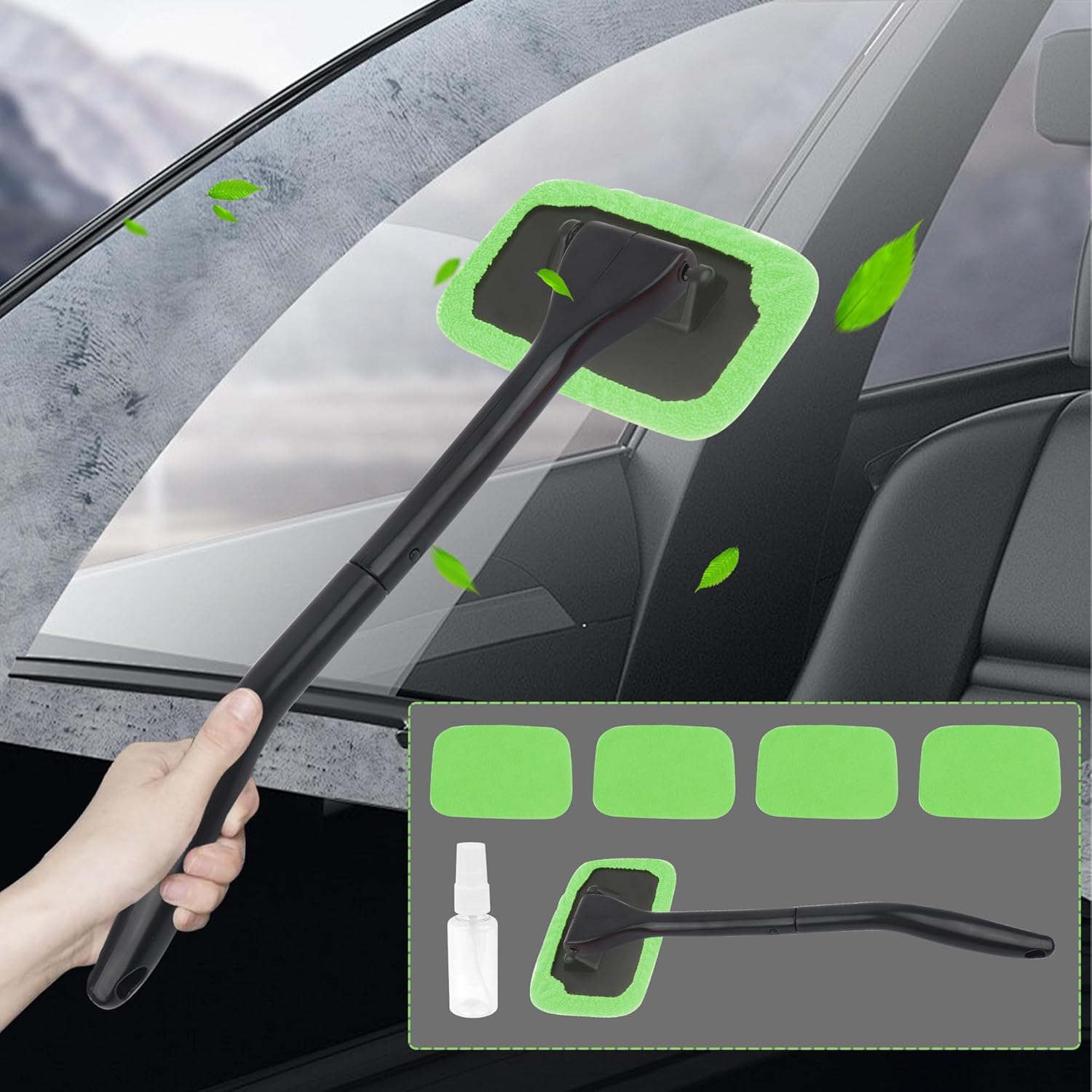 Microfiber Car Window Cleaner Tool Kit with 4PCS Reusable Cloth Cover I21663