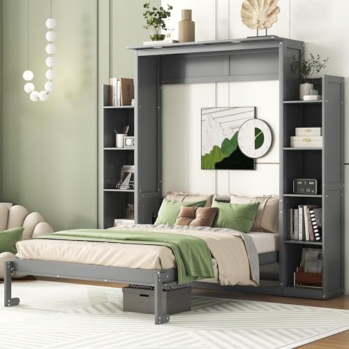 Queen Size Wood Murphy Bed with Shelves and LED Lights, Grey L70062