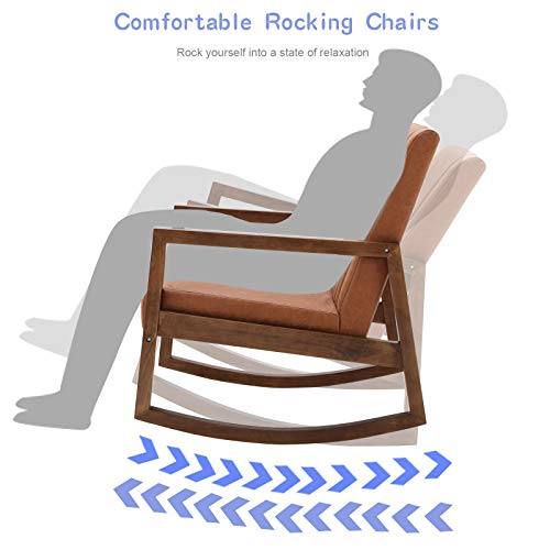 Leather Rocking Chair with Padded Seat Wood Frame Dark Brown PU T615
