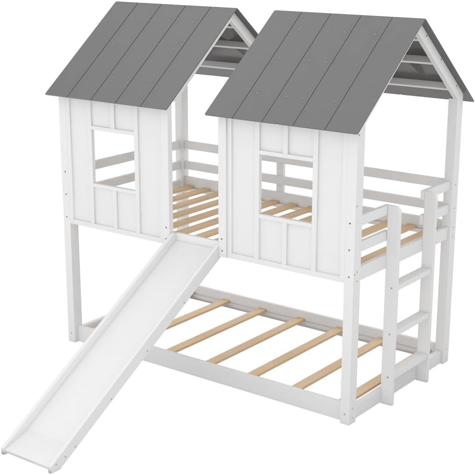 White Twin Over Twin Bunk Bed with Slide and Windows P644843