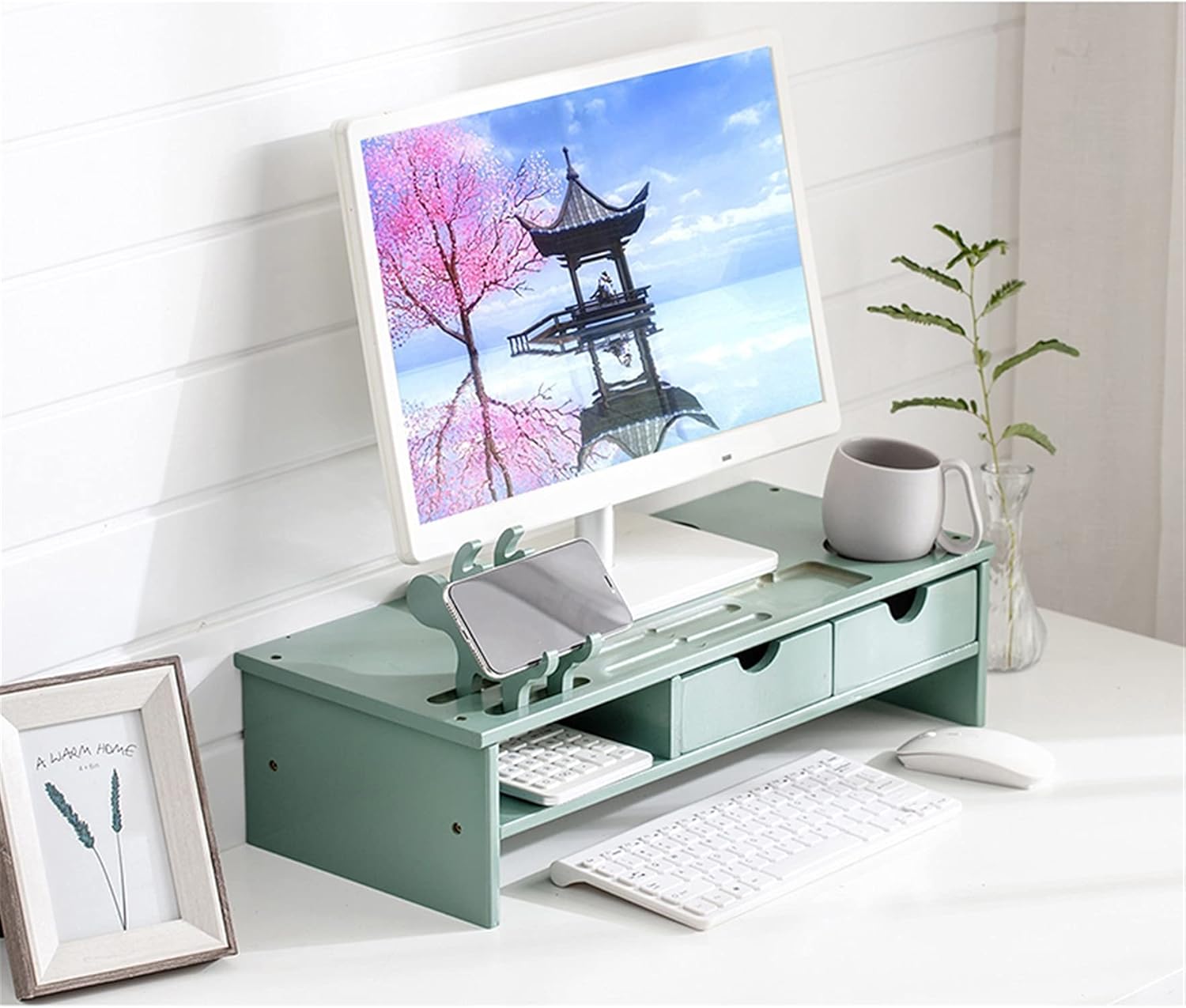 Bamboo Wood Monitor Stand with 2-Tier Drawers L1692