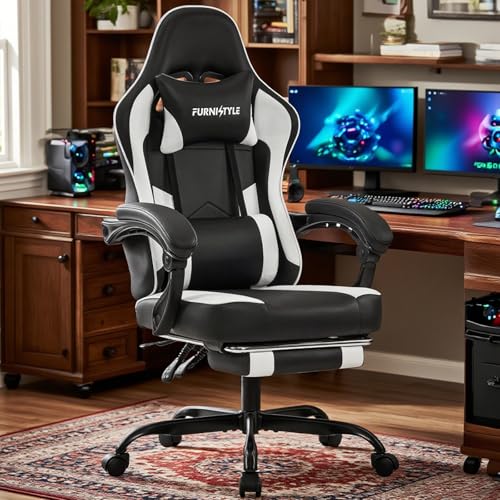 Black/White Ergonomic Leather Gaming Chair with Footrest O485