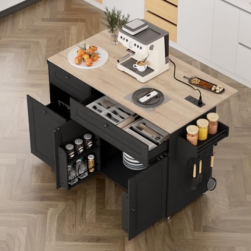 Black Rolling Kitchen Island Cart with Storage and Power Outlet J98983