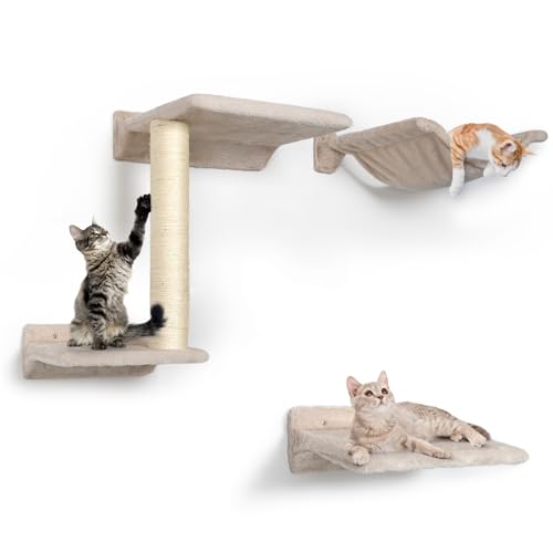 5 Pcs Wall-Mounted Cat Shelves with Sisal Scratcher Post H9401