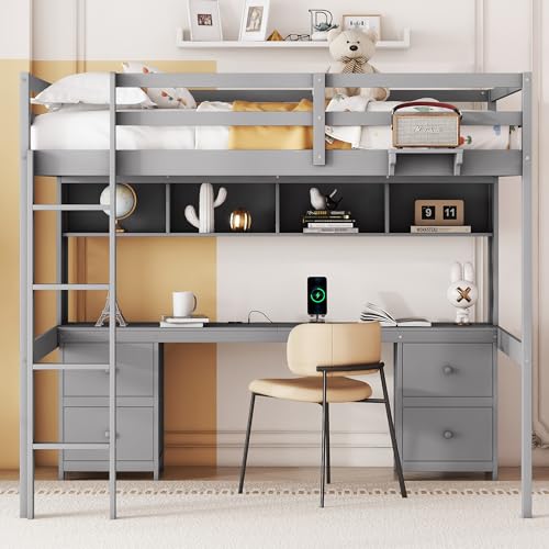 Gray Full Size Wooden Loft Bed with Desk and Storage, 4 Drawers & 4 Shelves R647919