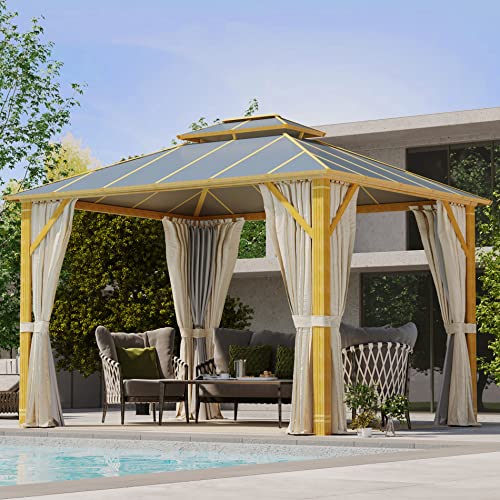 10' x 12' Hardtop Gazebo with Galvanized Steel Double Roof, Aluminum Frame, Netting and Curtains P431