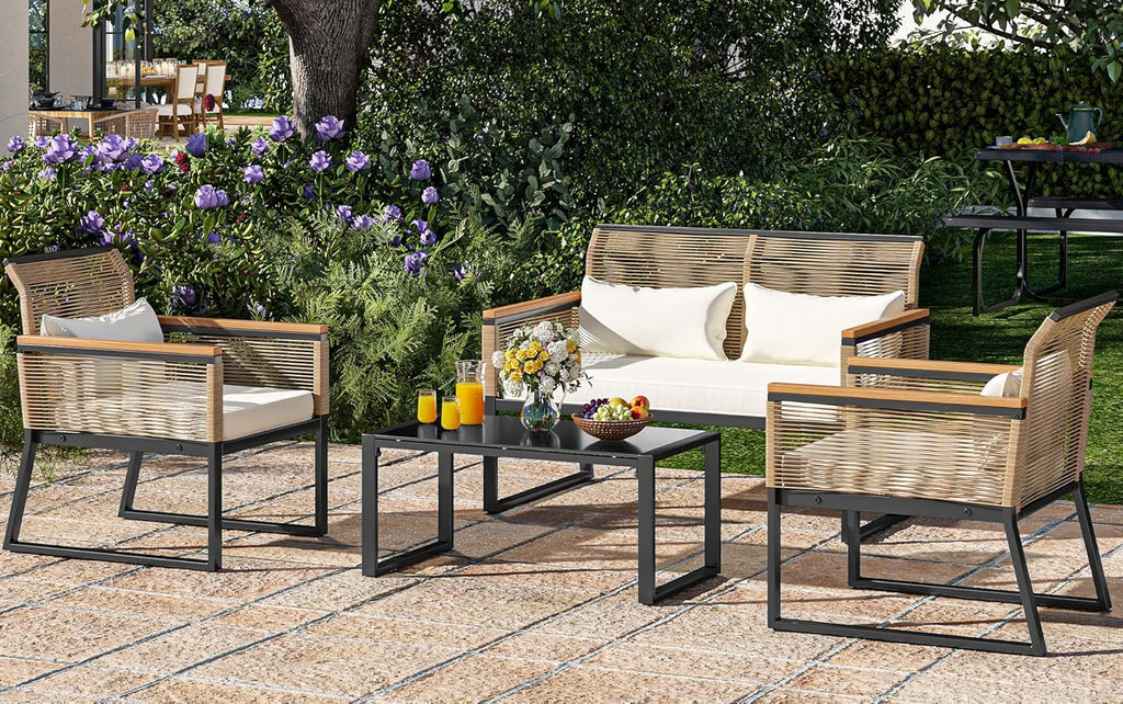 4-Piece All Weather Rattan Conversation Loveseat with Gray Cushions and Metal Coffee Table Y69445