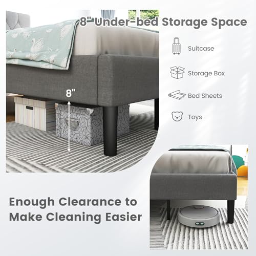 Grey Twin Upholstered Platform Bed with Button Tufted Headboard V38859