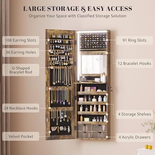 47.2" LED Grey Jewelry Mirror Cabinet with 4 Drawers 5 Shelves Z468596