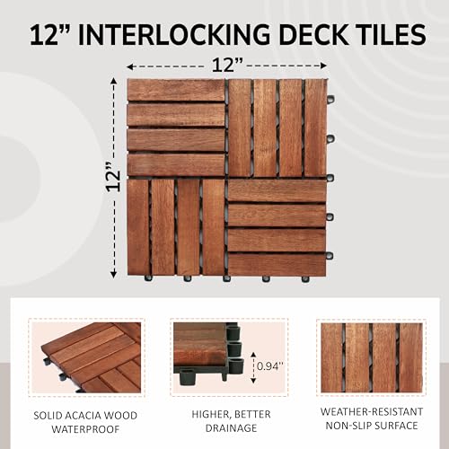 10 Pcs Interlocking Acacia Wood Patio Tiles, 12"x12", Teak D880273