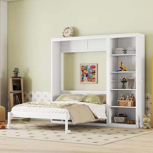 White Full Size Murphy Bed with Storage Shelves P221271