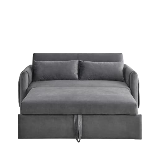Blue Velvet Convertible Sleeper Sofa Bed with 2 Pillows W57899