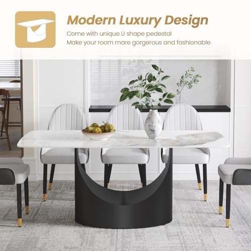 63" White Marble Sintered Stone Top Rectangle Dining Table with Black Carbon Steel Pedestal C776