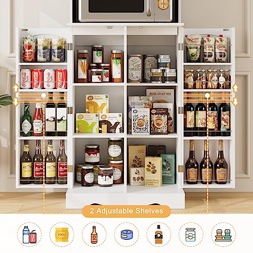 White Tall Storage Cabinet with Microwave Stand and Adjustable Shelves Q553