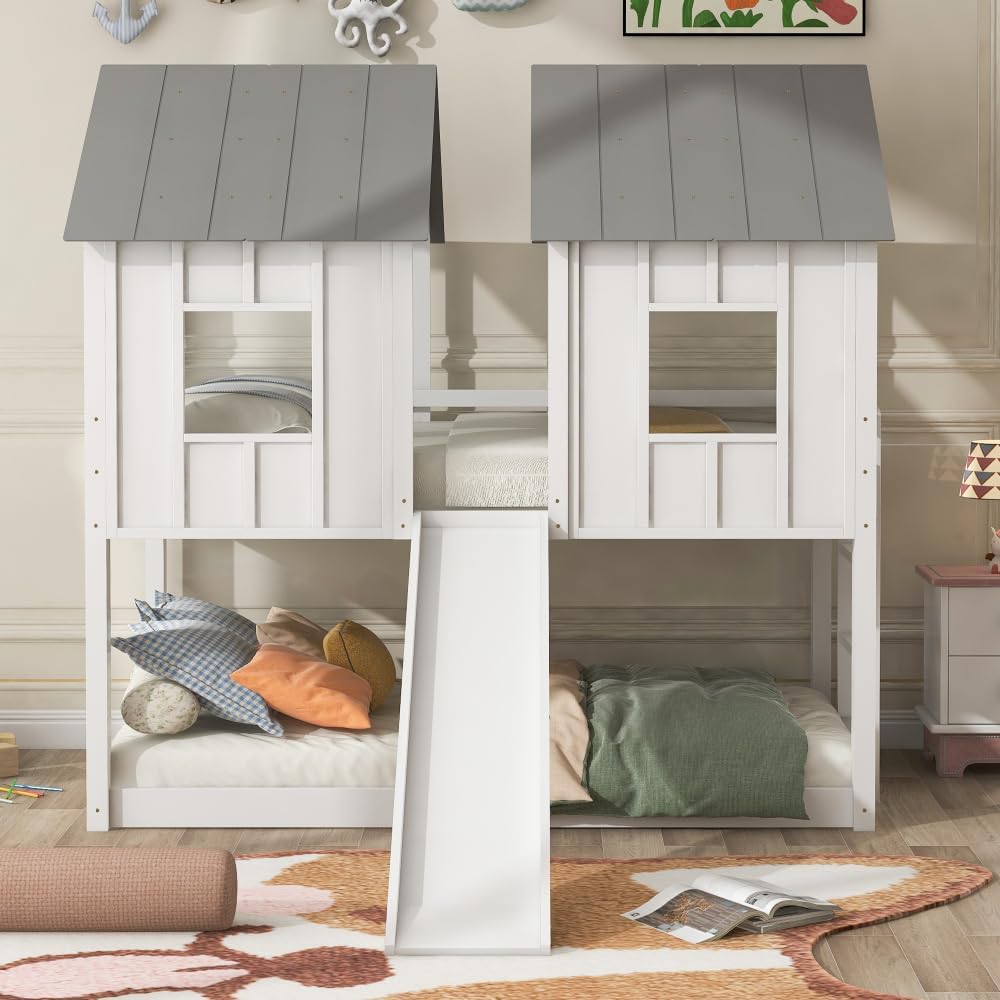 White Twin Over Twin Bunk Bed with Slide and Windows P644843