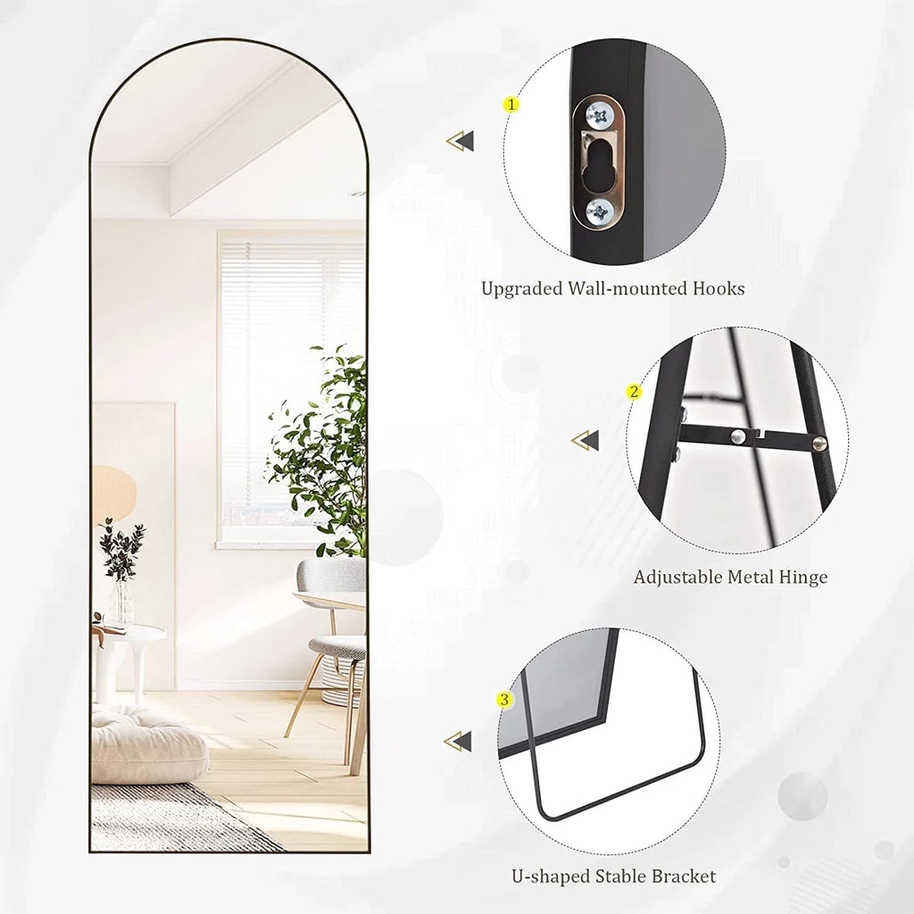 64"x21" Arched Full Length Floor Mirror with Aluminum Frame (Black) H798