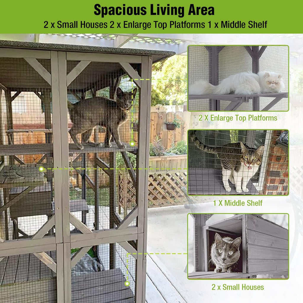 Large Cat House Outdoor Cat Enclosure with Door, Platform & Small House Z905162