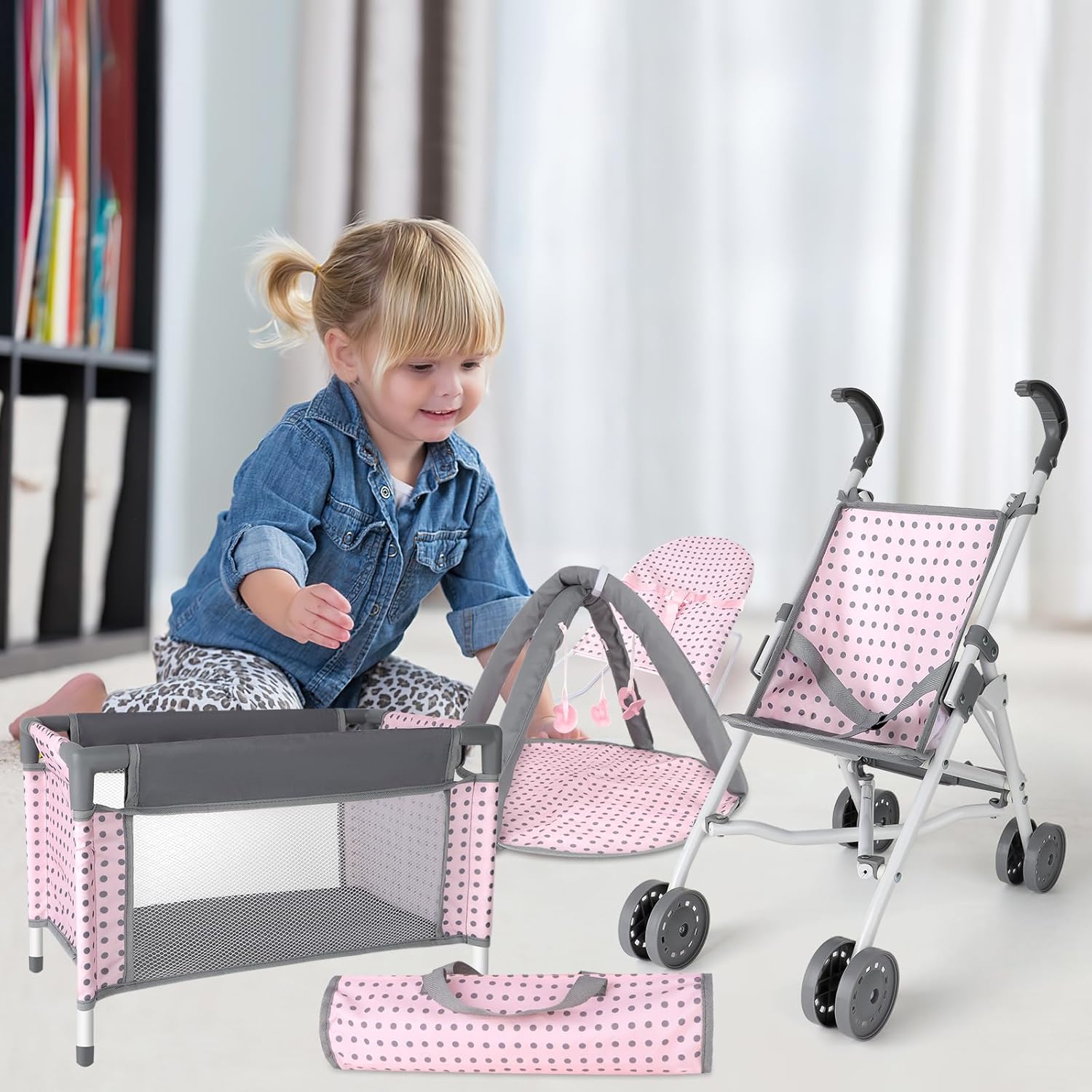 Baby Doll Stroller Crib Bed Nursery Role Play Set with Accessories and Play Mat K104