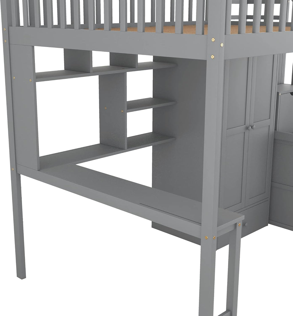 Gray Solid Wood Loft Bed with Stairs Desk Bookshelf Storage Drawers Wardrobe O72796