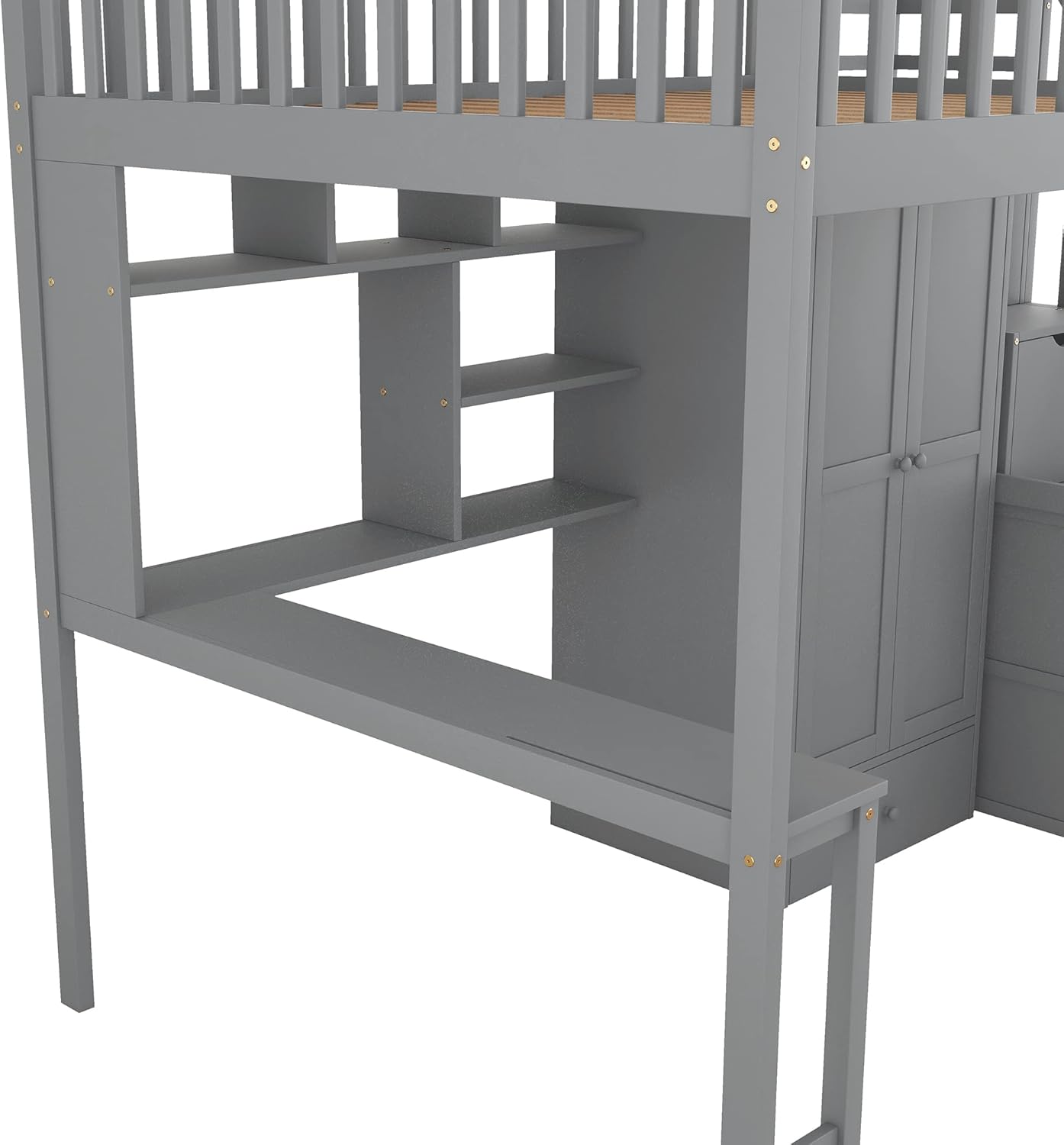 Gray Solid Wood Loft Bed with Stairs Desk Bookshelf Storage Drawers Wardrobe O72796