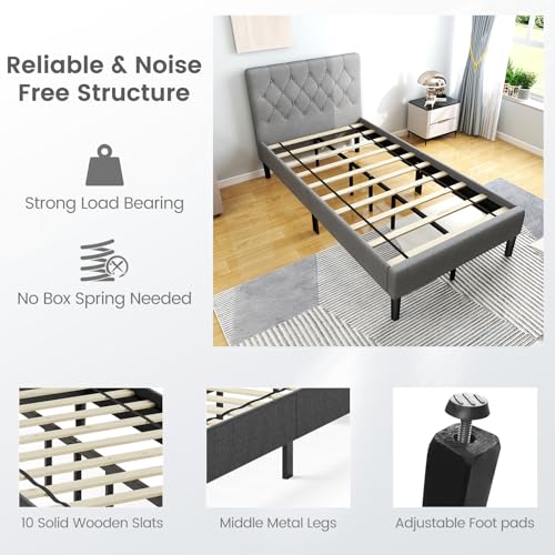 Grey Twin Upholstered Platform Bed with Button Tufted Headboard V38859