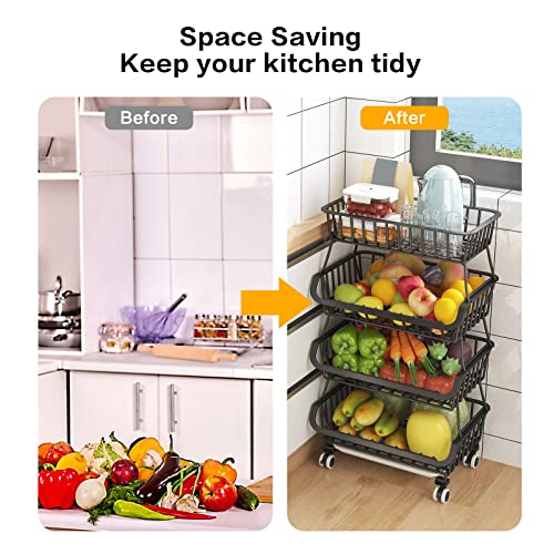 Black Metal Wire 4 Tier Stackable Fruit Vegetable Storage Cart with Wheels N364