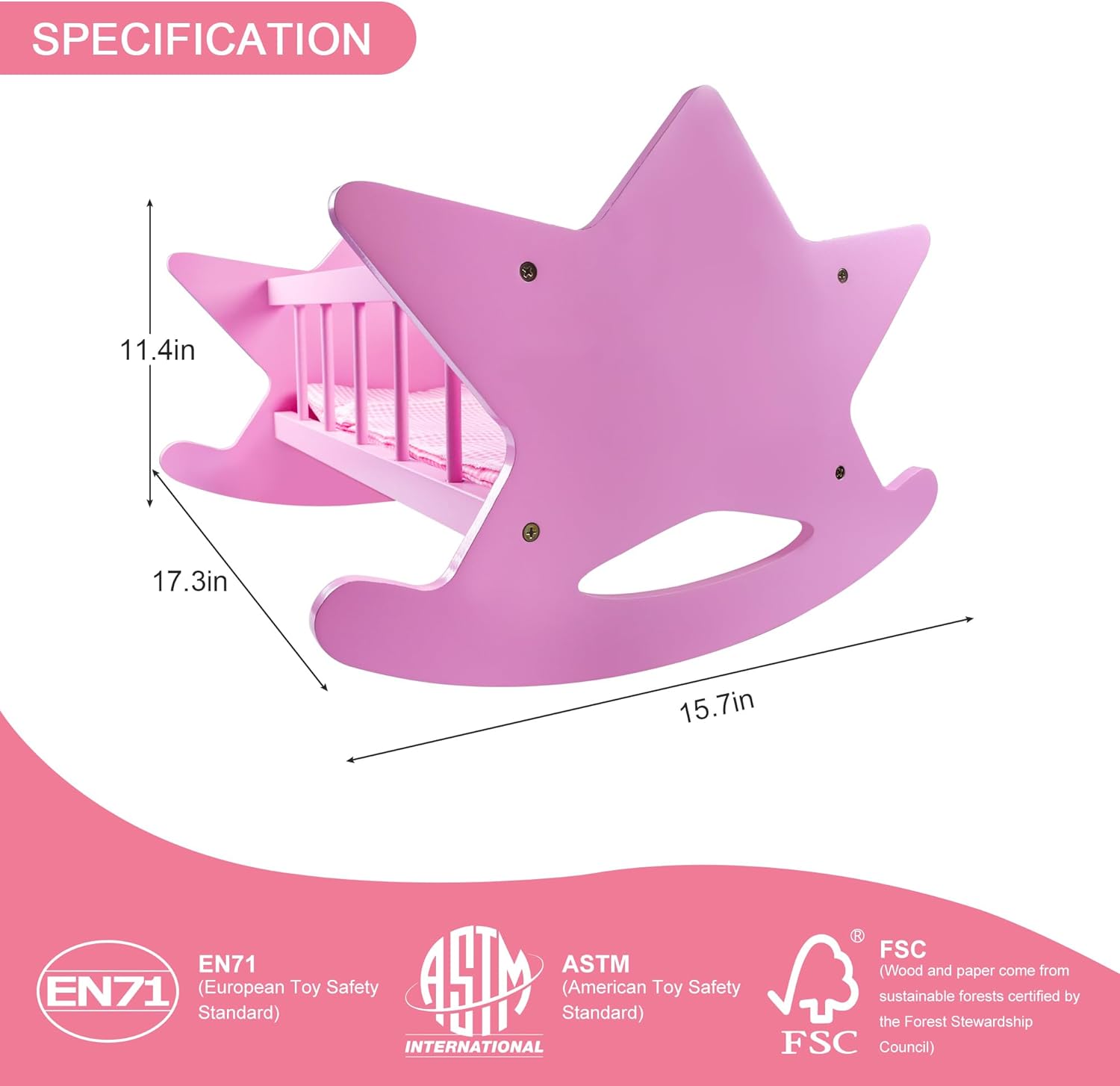 Pink Wooden Baby Doll Crib with Bedding K762014