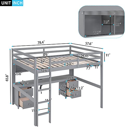 Gray Full Size Wooden Loft Bed with Desk and Storage, 4 Drawers & 4 Shelves R647919