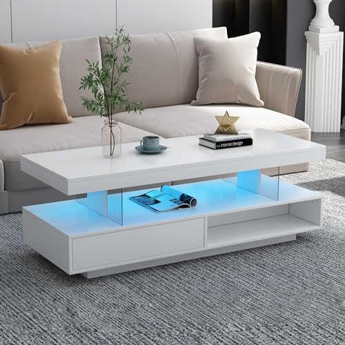 Black LED Coffee Table with Storage and Sliding Drawers Y819
