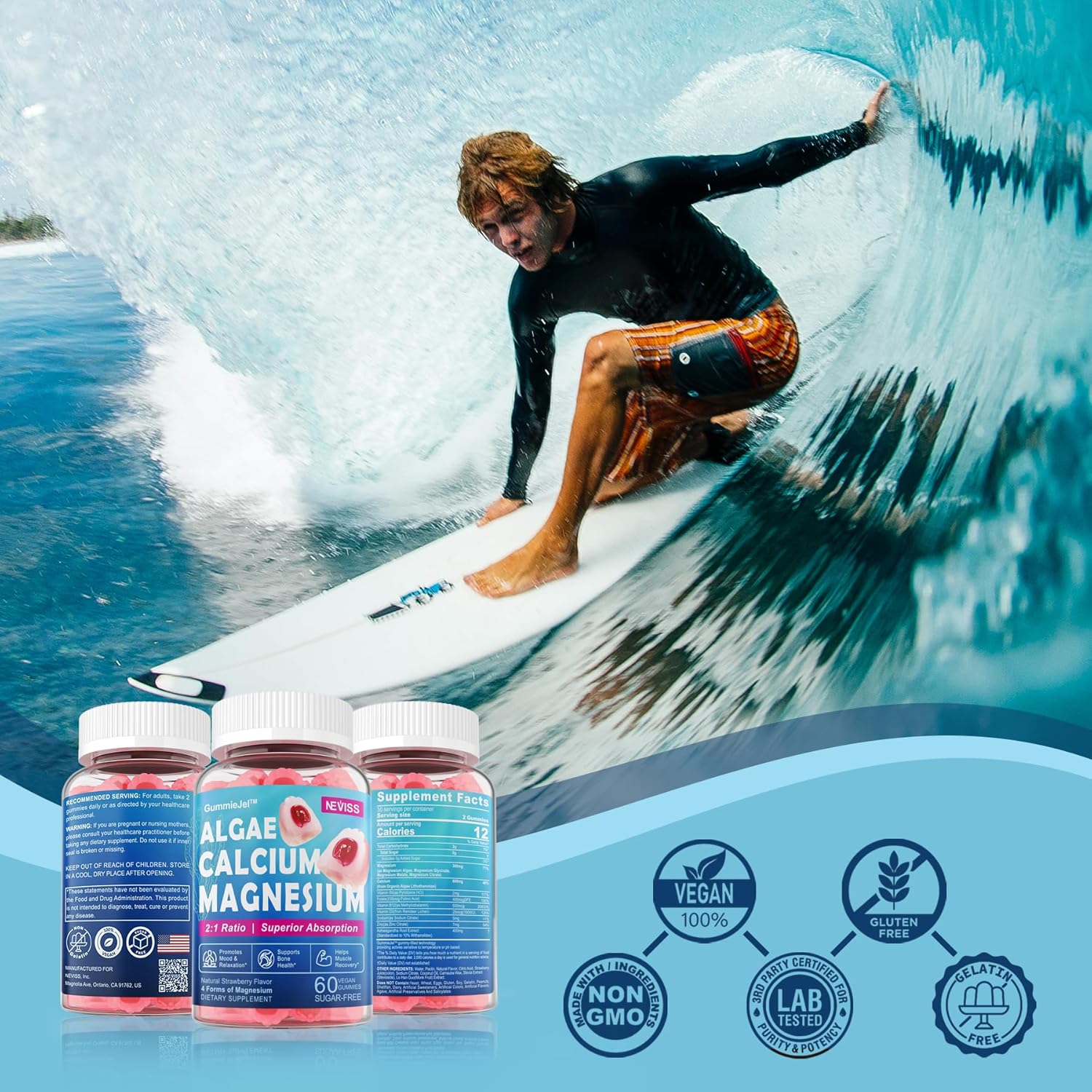Calcium Supplement Gummy with Algae Calcium 600mg, Magnesium 300mg, Zinc, D3 & B12 Complex, 1Pack F11050