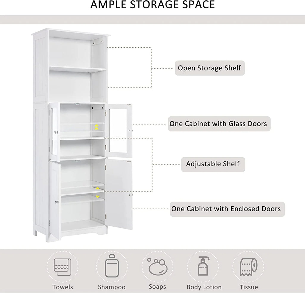 White Storage Cabinet with Glass Doors and Adjustable Shelves Q75575