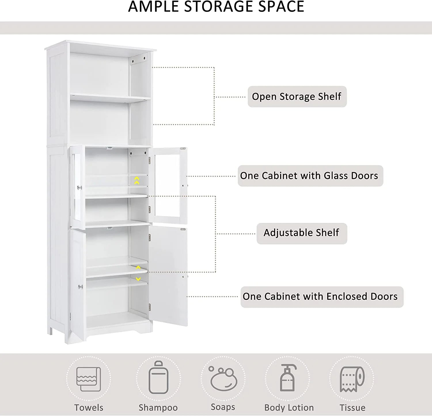 White Storage Cabinet with Glass Doors and Adjustable Shelves Q75575