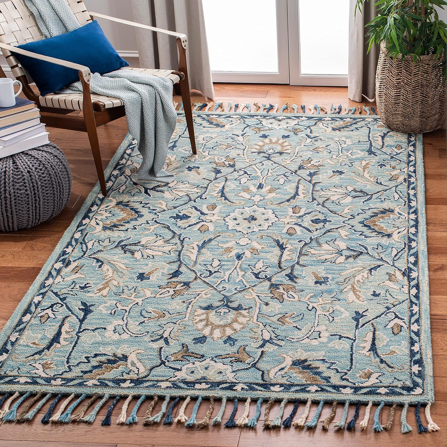 Blue/Ivory Handmade Wool Runner Rug L112