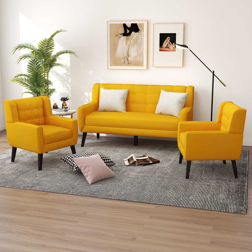 Yellow Tufted Linen Cotton Loveseat with 2 Accent Chairs Y5262