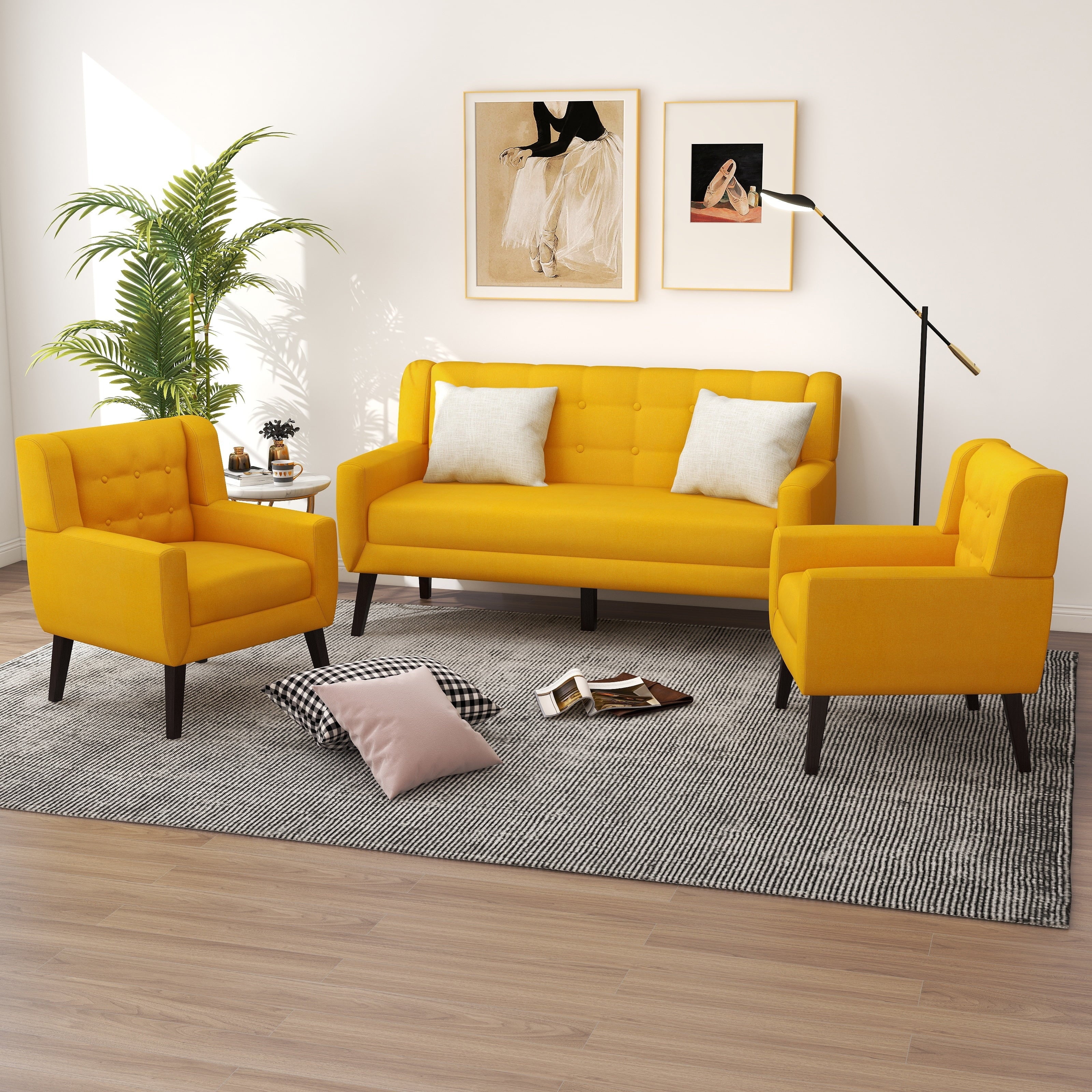 Yellow Tufted Linen Cotton Loveseat with 2 Accent Chairs Y5262