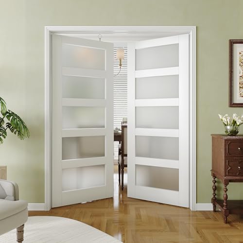 White Primed MDF 30"x 80" Frosted Glass French Door L928902