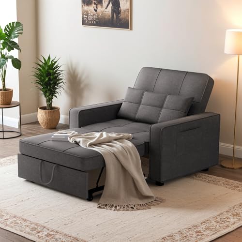 Dark Grey Linen Convertible Sofa Bed F643164