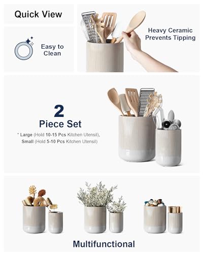Set of 2 Ceramic Kitchen Utensil Holder, Glaze Marble Gray Y155