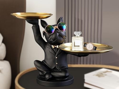 Resin French Bulldog Sculpture with 2 Metal Trays Q5747