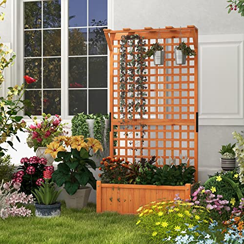 2 Pcs Raised Garden Bed with Trellis & Roof, 72.5" Wooden Planter Box J999