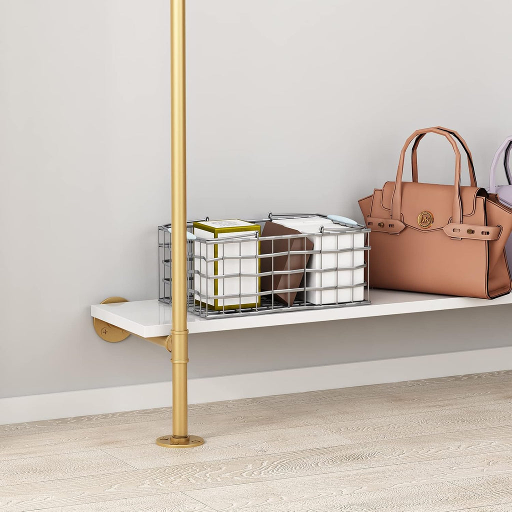 Industrial Pipe Clothing Rack with 2-tier Wooden Shelves Gold W548