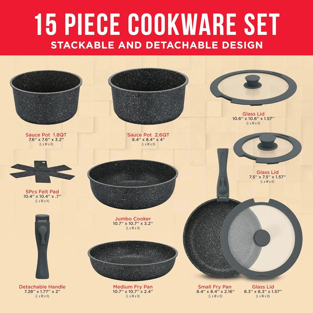 15-Piece Granite Non-Stick Cookware Set with Removable Handles V560