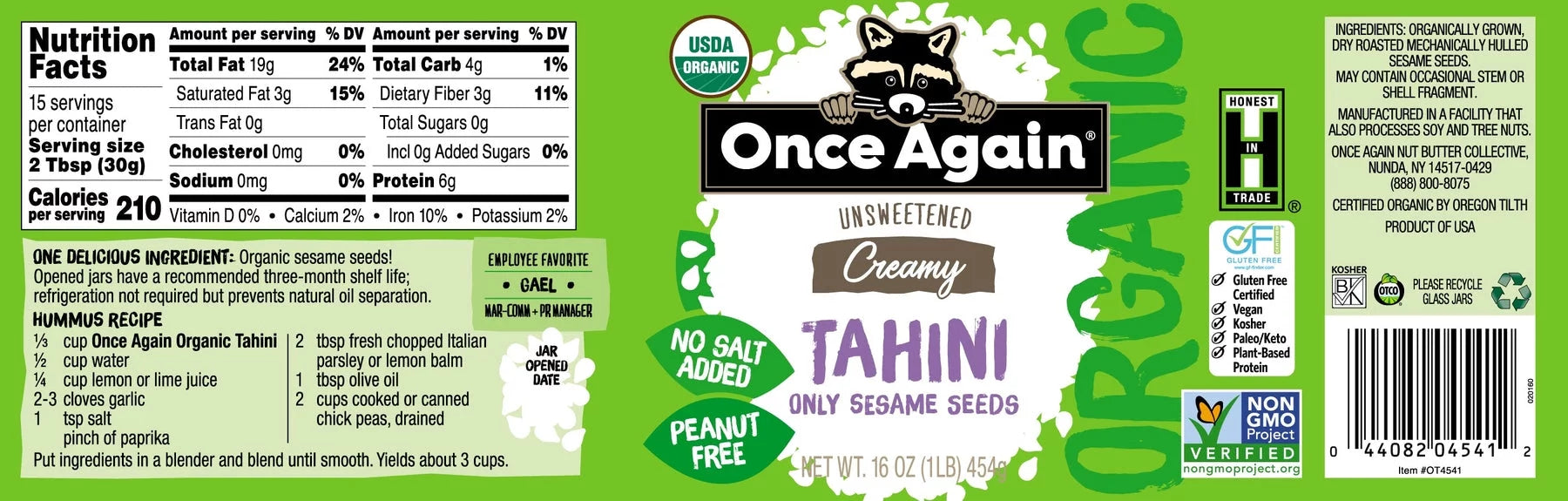 16 oz Pack of 4 Organic Unsweetened Tahini Creamy Sesame Seed X8831
