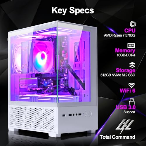 White Desktop PC AMD Ryzen 7-5700G 8 core 3.9GHz 16G DDR4 RAM 512GB NVME SSD Tower Computer with Power Supply 400W J903373