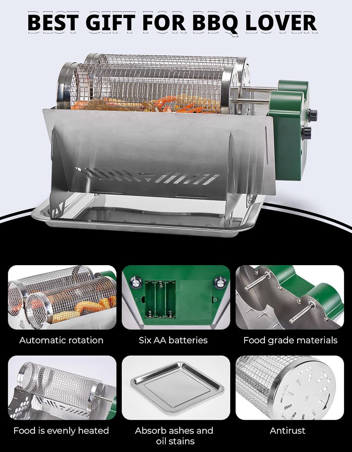 Charcoal Grill Rotisserie Kit with 3 Stainless Steel Rotating Baskets S5378