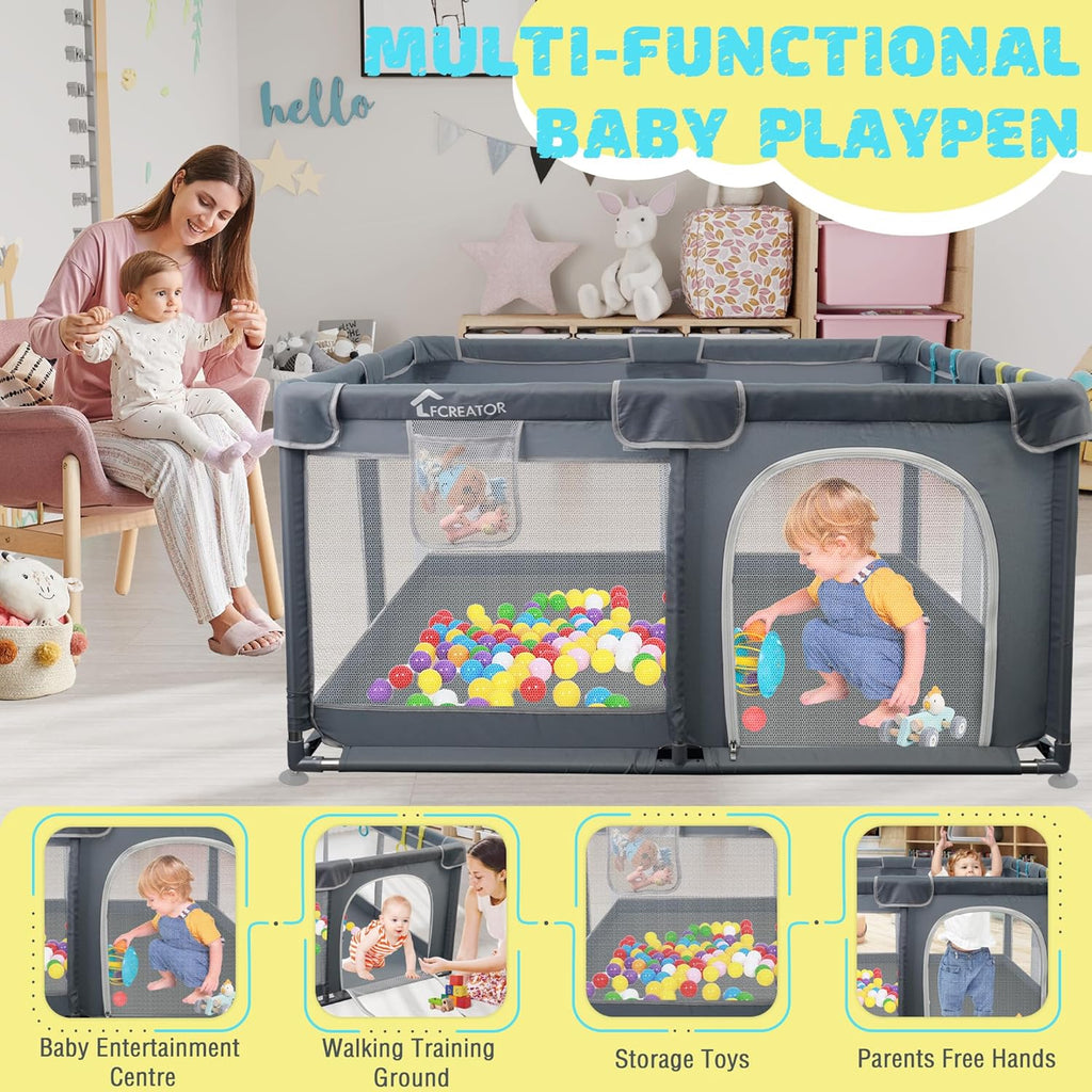 Large Square Baby Playpen with Breathable Mesh 50"x50" Grey L7090