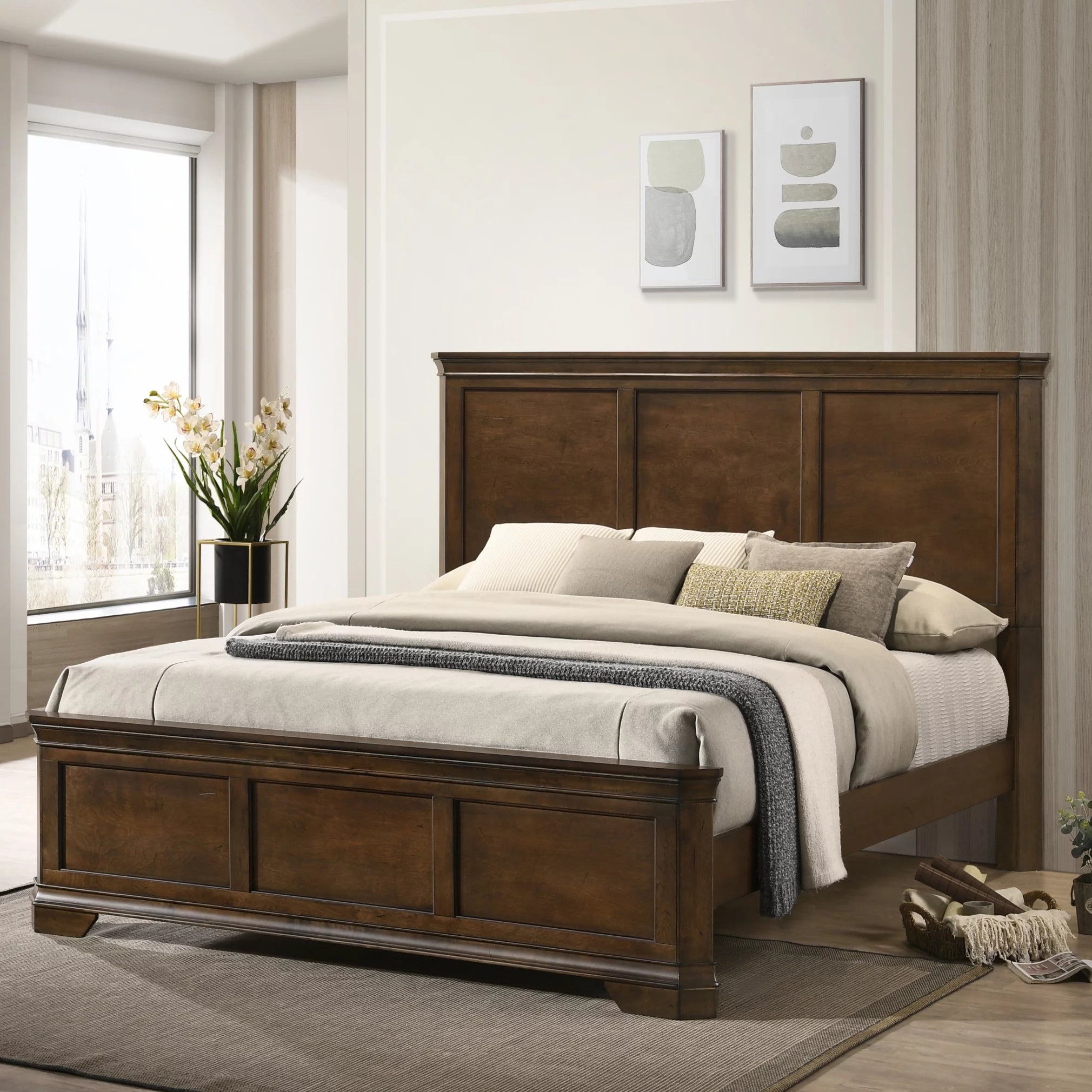 Queen Antique Walnut Finish Wood Panel Bed K68674