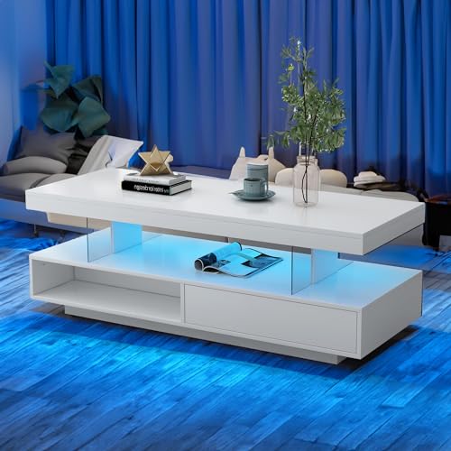 Black LED Coffee Table with Storage and Sliding Drawers Y819