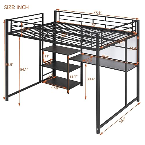 Black Full Size Metal Loft Bed Frame with Desk and Whiteboard W649536