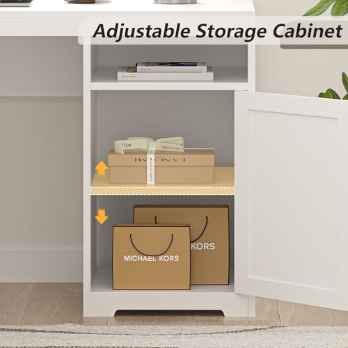 63" L Shaped Executive Desk with Drawers & Storage Shelf, Antique White M148071